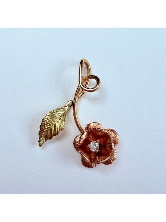 Jewelry - 14K Two Tone Gold Diamond Solitaire Black Hills Style Rose & Leave Charm Pendant